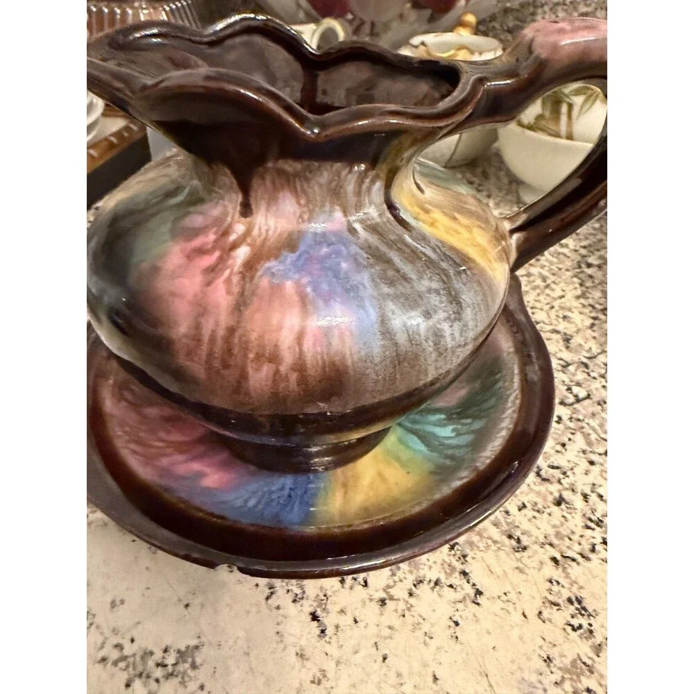 Japanese Creamer Pitcher and Bowl Iridescent Drip Glaze MCM Vintage